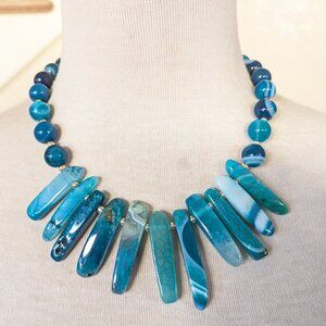 Southwestern Teal Blue & Silver Agate Swirl Stick Bib Statement  Necklace